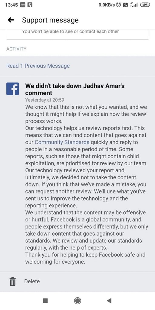 Facebook response to rape threat